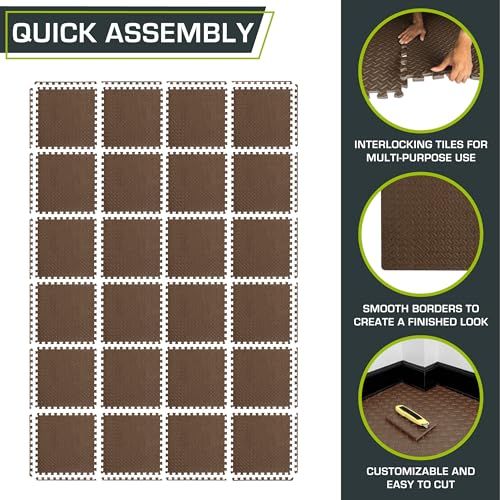 Image of ProsourceFit Exercise Puzzle Mat 1 /2-inch, EVA Interlocking Foam Floor Tiles for Home Gym, Workout Equipment, Kids Play Areas, Brown, 96 Sq Ft - 24 Tiles
