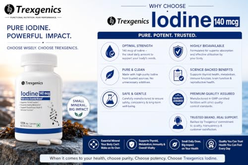 Image of Trexgenics Iodine 140 mcg from Potassium Iodide Multi-Action Mineral for Thyroid Function, Metabolism, Immunity (120 Veg. Capsules)