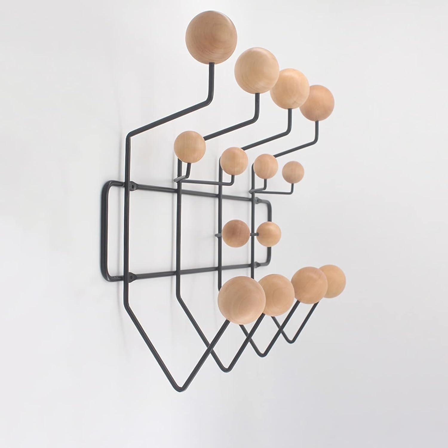 shisedeco classic hang it all coat rack, mid century modern wall mounted hooks with painted solid wooden balls, decorative creative fashion wood hanger for home, bedroom (black frame natural)