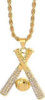 Iced Out Baseball &Baseball Bats Pendant Necklace Hip Hop Iced Out Chain Sports Pendant for Men,14k Gold Baseball Pendant, Rhinestone Baseball Bats Necklace,Rap Punk Rock Clubs Disco Diamond Bling CZ Jewelry