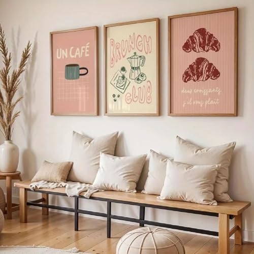 Xiyocadt Set of 3 Posters, Coffee Croissants Brunch Quotes Canvas Prints, Vintage French Kitchen Food Wall Art Poster Corresponding Pictures, Ohne Rahmen (21x30cm)