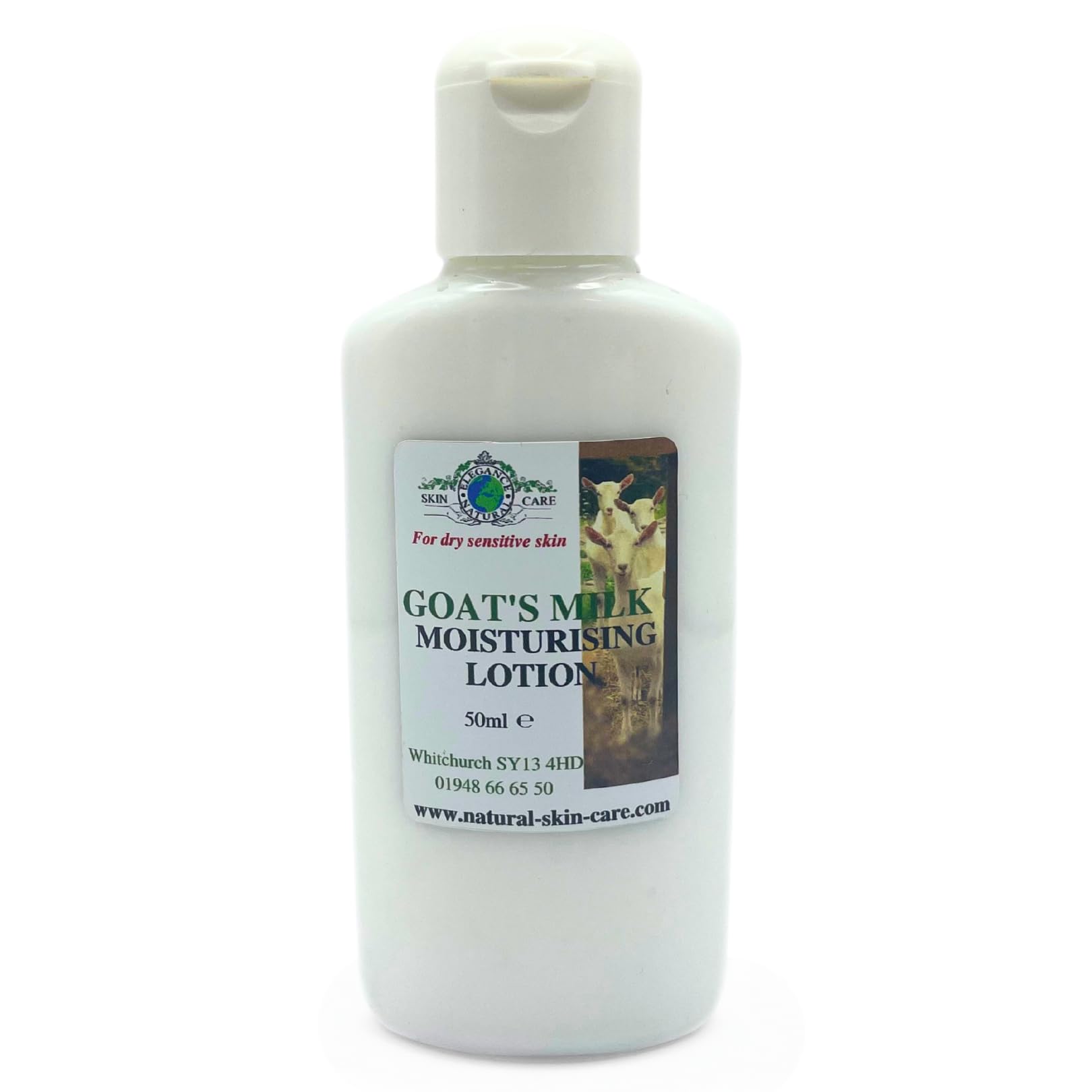 Goats Milk Moisturising Lotion 50ml Travel Bag Size by Elegance Natural Skin Care. Formulated for dry sensitive skin eczema psoriasis rosacea dermatitis mosituriser mositurizer