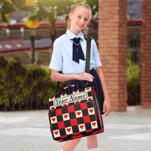 Image of Custom 3 Ring Zipper Binder Red Black Checkered Hearts Personalized Name 1.5 Inch Binders Large Capacity Multi Pockets for School Office Supplies