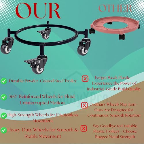 Image of Gas Cylinder Trolley with Wheels - Black | Heavy Duty Steel LPG Cylinder Stand | 360 Smooth Rolling Caster Wheels | Rust Resistant Cylinder Holder for Kitchen & Home