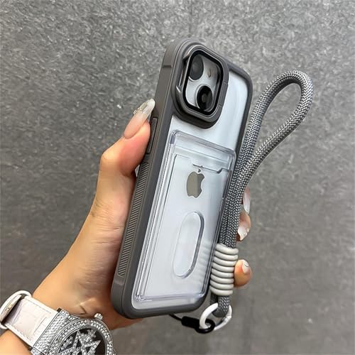 Étui portefeuille iPhone 16 gris avec support d'objectif transparent et dragonne
