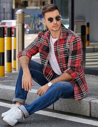 Image of COOFANDY Mens Flannel Shirts Long Sleeve Plaid Shirt Jacket Button Down Shirt with Pockets