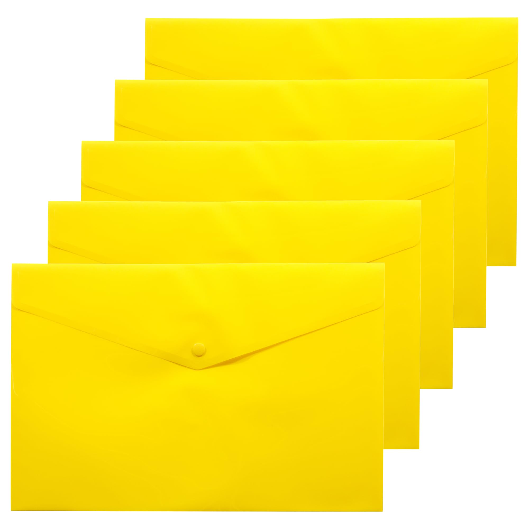 eco-eco A4+ 50% Recycled Transparent Press Stud Popper Wallet, Plastic Folders (Pack of 5), Yellow, eco035YELLOW