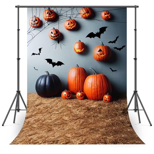 Avezano Halloween Backdrop Black Bats Scary Pumpkin Backdrop Spider Web Hay Fall Backdrops for Baby Shower Kids Family Portrait Photoshoot Studio Props (5x7ft, 59x83inch)