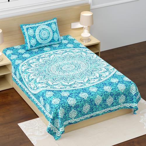 RajasthaniKart® Pure 100% Cotton Single Bed Sheet with 1 Pillow Cover (Bedsheet for Single Bed Cotton, Green Star)