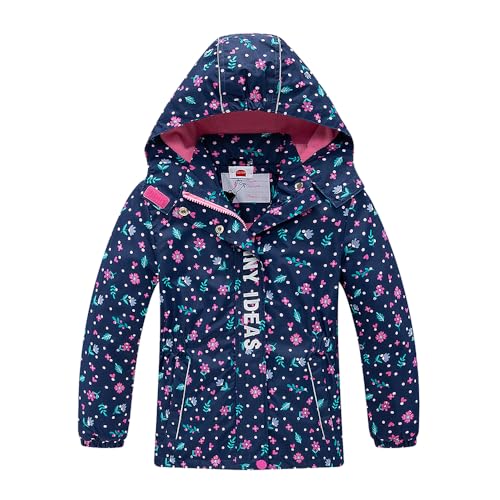 Image of Girls Rain Jacket Kids Hooded Raincoat Windbreaker with Fleece Lining