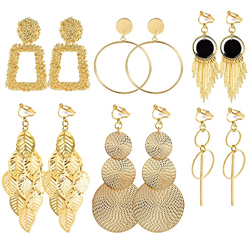 ASHS CHOICE 6 Pairs Clip on Earrings for Women Gold Drop Dangle Boho Fashion Earrings Set for Women Hypoallergenic Non Pierced Gold Large Clip Earrings Set Ring Feather Leaf Long Stick Black