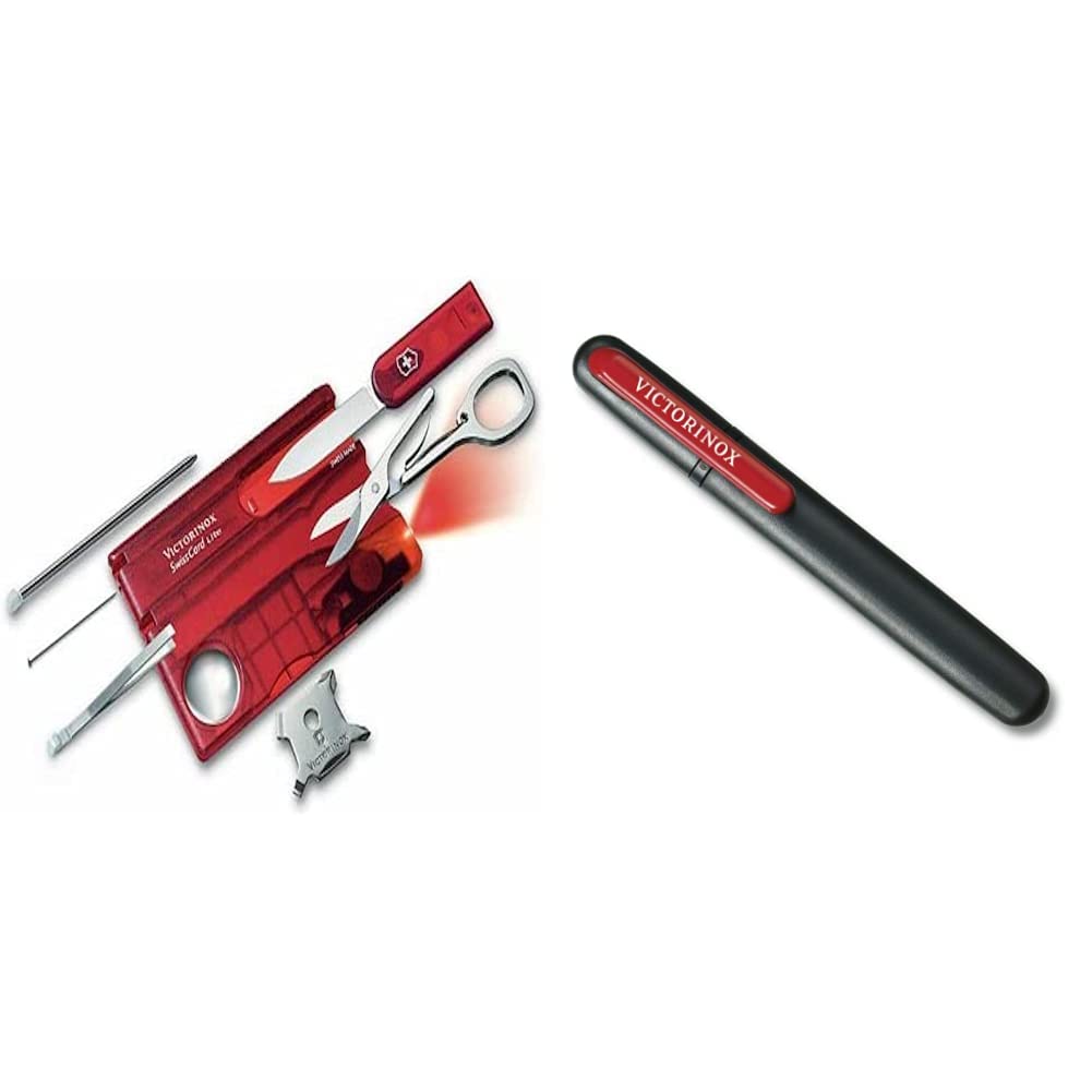 Victorinox Swiss Card Lite, Multitool de Poche Suisse, 13 Fonctions, Led, Loupe, Rouge Transparent & Aiguisoir Double pour Couteaux, Swiss Made, Portable, Noir/Rouge