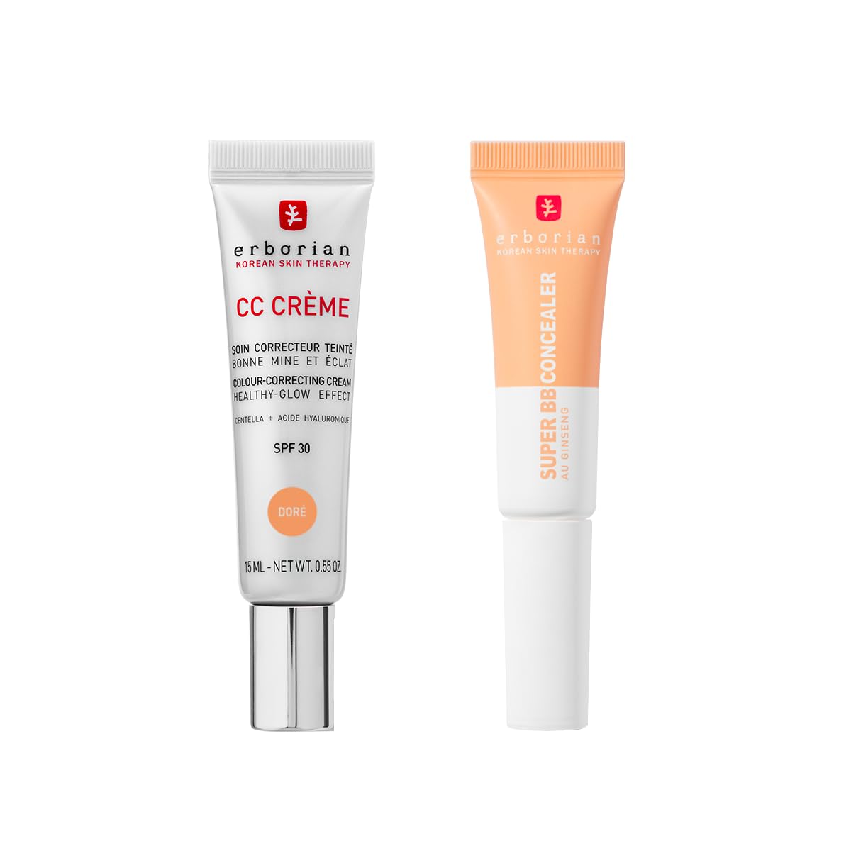 Erborian - CC Crème à la Centella Asiatica Clair 15 ml - Crème Correctrice de Couleur + Super BB Concealer Clair 10 ml - Anti-cernes Traitant Haute Couvrance