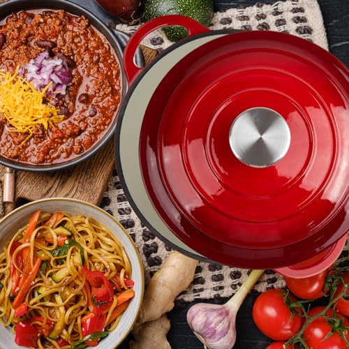 Image of 3 Quart Dutch Oven Enameled Cast Iron with Lid - Big Dual Handles - Oven Safe up to 500F - Classic Round Pot for Versatile Cooking Red