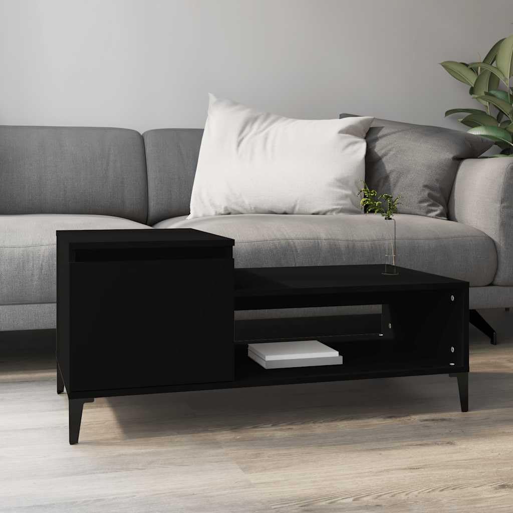 Mesa de centro negra 100 x 50 x 45 cm de madera con espacio de almacenamiento y estante para salón, sofá