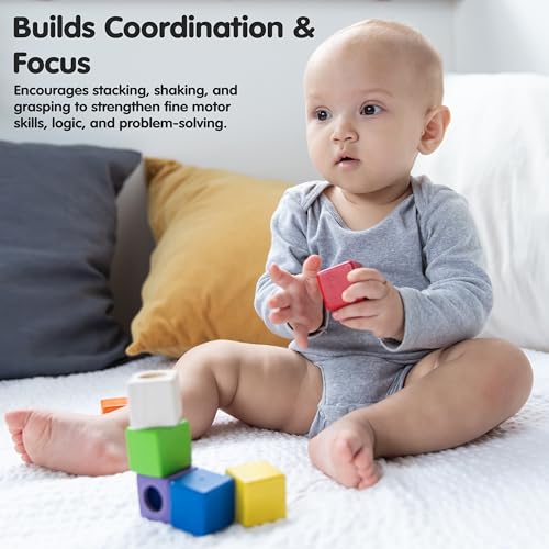 Image of PlanToys Sensory Activity Blocks for Toddlers - 9-Piece Set with Visual, Auditory & Tactile Stimuli - Montessori Toy with Storage Bag - Wooden Learning Toy for Babies & Kids Ages 12 Months+