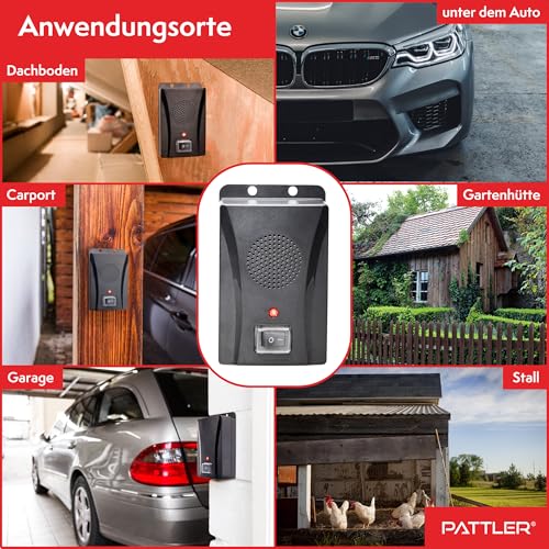 PATTLER® Marderschreck Auto batteriebetrieben für ca. 40m² - mit Ultraschall & Anti Gewöhnungseffekt. Mobiler Marderschutz mit Batteriebetrieb. Marderabwehr Auto, Haus, Dachboden, Garten.