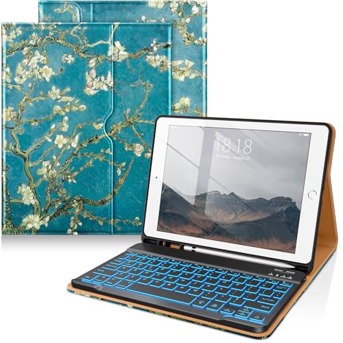 Image of DTTO for iPad 9th /8th /7th Generation 10.2 inch Case 2021 /2020 /2019 with Keyboard, 7 Colors Backlit Wireless Detachable Keyboard Premium Leather Folio Cover with Pencil Holder & Pocket, Blossom