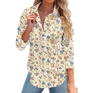 Rapbin Button Down Shirts for Women Long Sleeve Wrinkle Free Dress Shirts Casual Collared Blouses Business Work Tops Cream Floral XX-Large