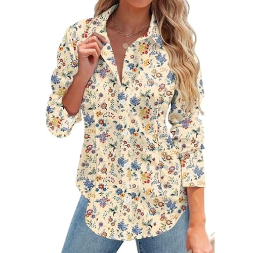 Rapbin Button Down Shirts for Women Long Sleeve Wrinkle Free Dress Shirts Casual Collared Blouses Business Work Tops Cream Floral X-Large