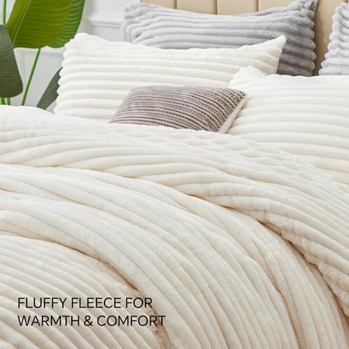 BEDELITE Fleece California King Comforter Set -Super Soft & Warm Fluffy Cream White Bedding, Luxury Fuzzy Heavy Bed Set for Winter with 2 Pillow Cases