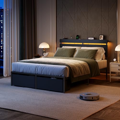 Image of Forestell Full Size Bed Frame with Wood Headboard, Black Platform Bed with 2 Storage Drawers & Shelf, Built in Charging Station & LED Lights, Metal Support, No Box Spring Needed, Camas Full