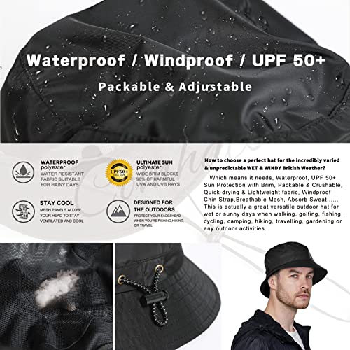 TOP-EX Wasserdichte Regenhüte für Herren & Damen, Allwetter Outdoor Safari Hut faltbar, UPF 50 Golf Eimer Sonnenhüte zum Angeln, Wandern, Trekking, verstellbar & winddicht M/L Schwarzblau