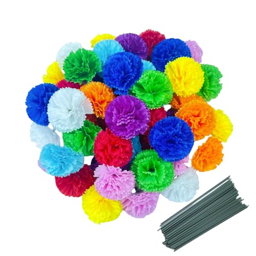 Rikyo Lot de 50 œillets artificiels en soie avec tiges, garnitures pour vases pour la décoration de la maison, mariages, fêtes, anniversaires, décorations...