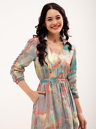 Image of AASK Abstract Printed Puff Sleeve Gathered Detailed Fit Flare Dress