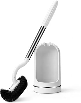 Toilet Brush and Holder Set, Curved Toilet Brush with Stainless Steel Handle, Under Rim Toilet Bowl Brush for Deep Cleaning, Drip-Proof, White