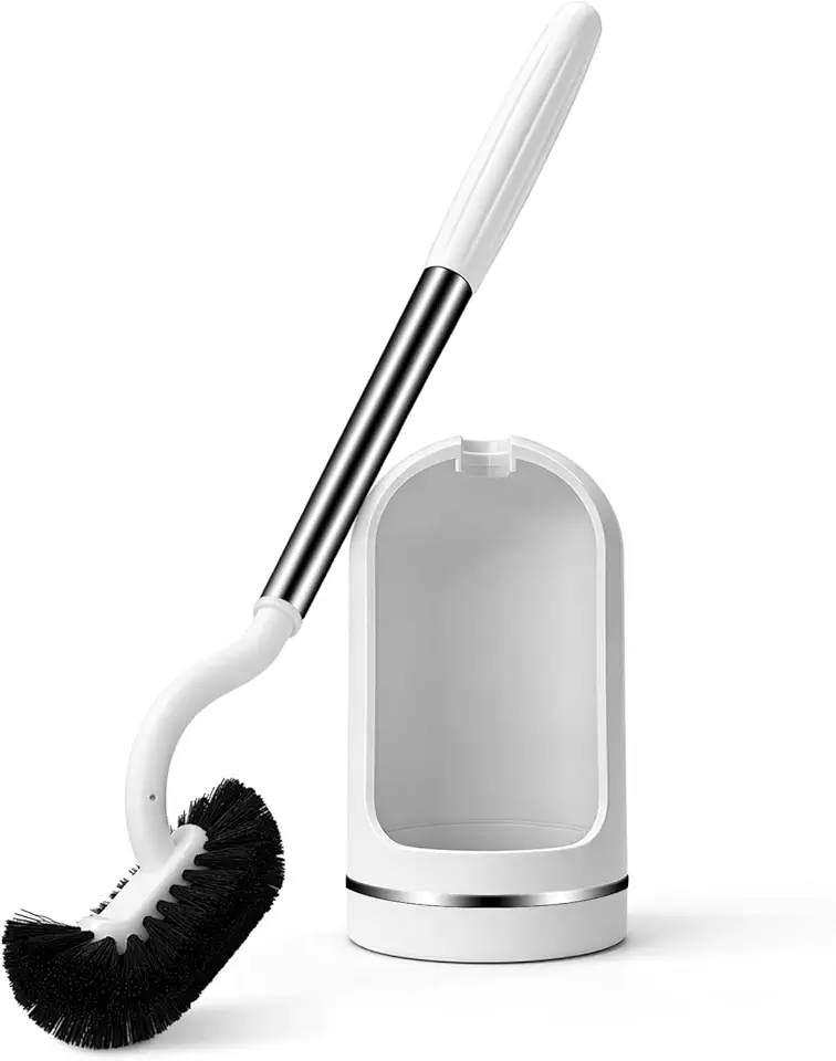 Conjunto de escova e suporte, escova de vaso sanitário curva com alça de aço inoxidável, escova de vaso sanitário sob a borda para limpeza profunda, à prova de gotejamento, branca