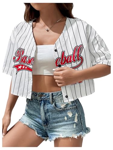 WDIRARA Women's Graphic Printed Short Sleeve Crop Top Drop Shoulder V Neck Button Front Baseball Shirt