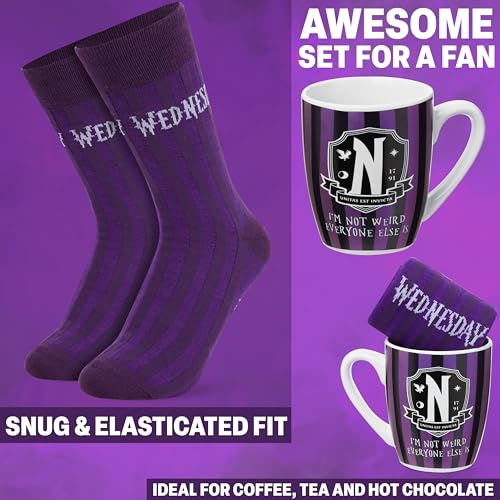 Image of Get Trend Wednesday 11oz Mug and Socks Set, Crew Socks Ceramic Coffee Mug Microwave Safe, Novelty Gifts for Women, Wife, Girlfriend (Purple /Black Wednesday)