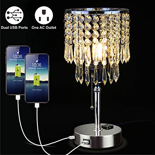 Focondot Crystal Table Lamp,Elegant Decorative Nightstand Lamp with Dual USB Charging Ports