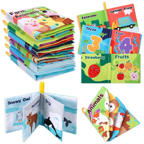 6 Pack Baby Bath Books Baby Crinkle Soft Cloth Book Toys Sensory Book With Animals,Fruits,Numbers,Cars For Babies 0-6 Months Educational Learning