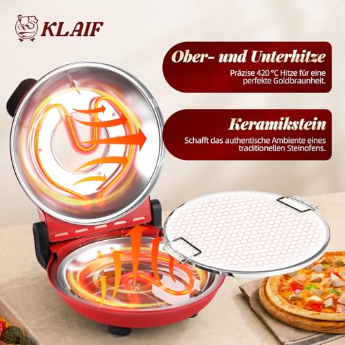 KLAIF električna pećnica za pizzu 420°C, zasebno regulirana gornja i donja toplina, 31 cm keramički kamen za pizzu, 1200 W, kompaktna pećnica za pizzu za dom, LM crvena