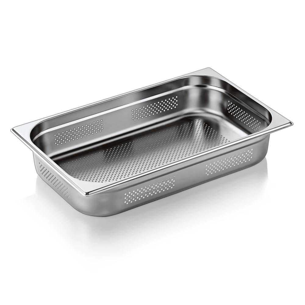 WAS 7111 100 Serie 71 Chromnickelstahl Gastronormbehälter mit Stapelrand, Boden & Seitenlochung, 1/1 GN, 325mm x 530mm x 100mm