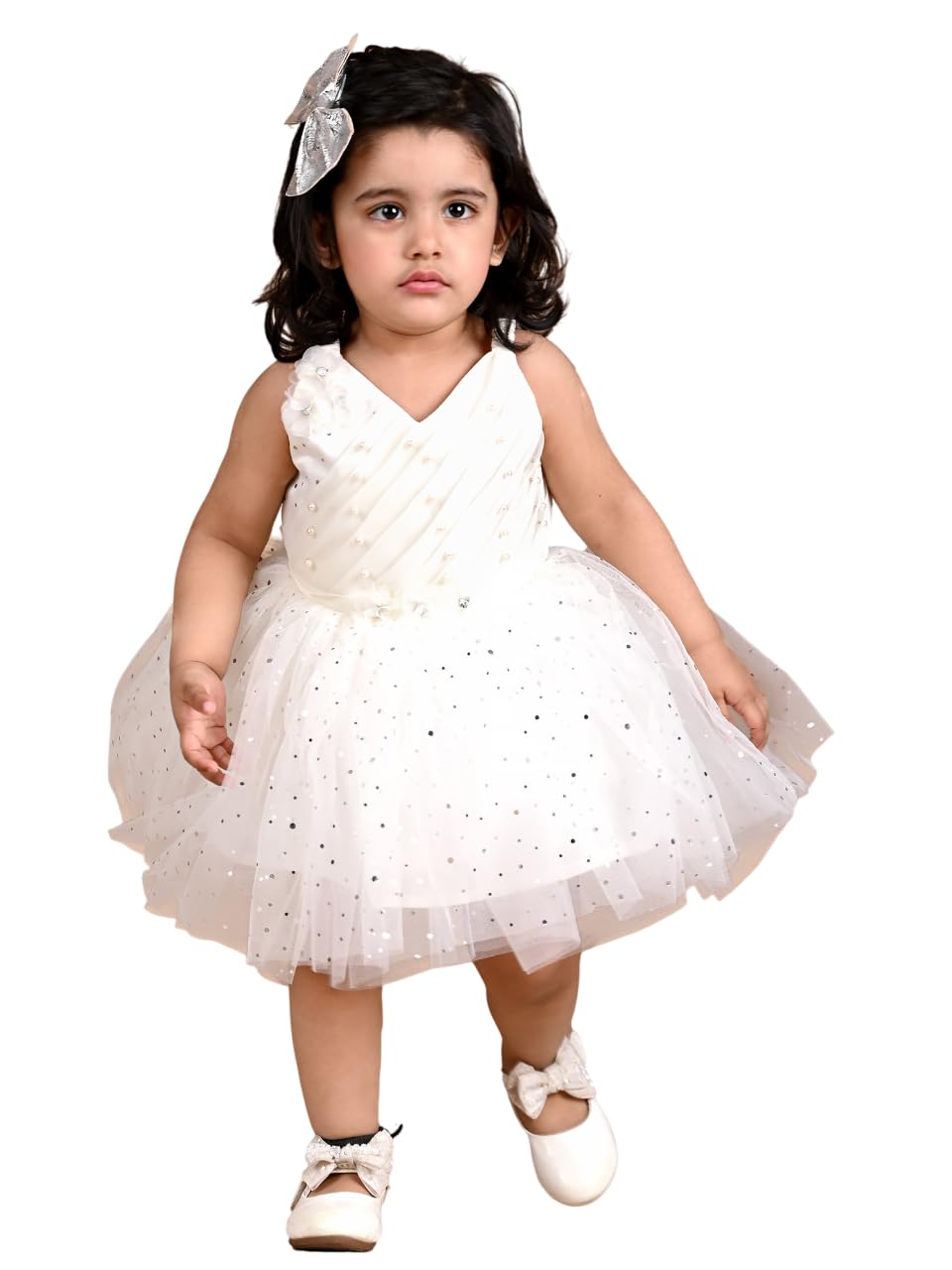 PRIMROSES Cream net Leaf Frock | Regular | V Neck | Full Sleeves