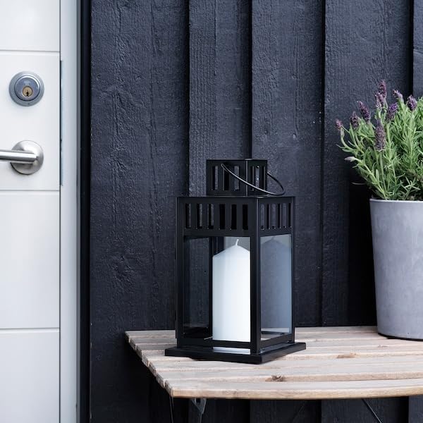Black Metal Lantern for Pillar Candles – 11-Inch Indoor/Outdoor Decorative Candle Holder with Glass Panels & Handle – Rustic Modern Lantern for Patio, Tabletop, or Entryway
