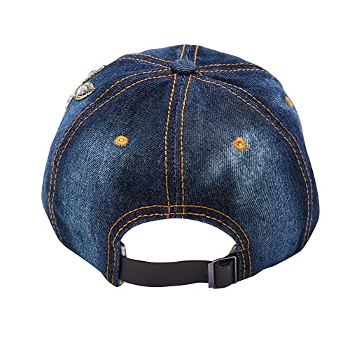 Women Embroidered Baseball Cap Vintage Rhinestone Flower Cap Adjustable Denim Snapback Cap Leisure Distressed Sun Hat, Dark Blue #TOP3