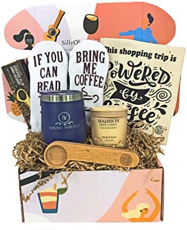 Coffee Accessory Gift Set for Women and Men- Packed with Fun & Unique Coffee Themed Gifts for Coffee Lovers by Silly Obsessions. Birthday Coffee Gift Basket for Mom and Dad, Daughter and Son...
