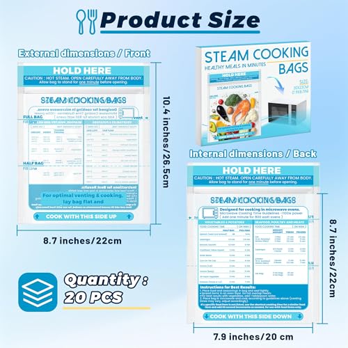 Microwave Steam Bags, Zipper Steamer Cooking Bags for Vegetables Potatoes Seafood and Meat Food Storage, 20 Pcs