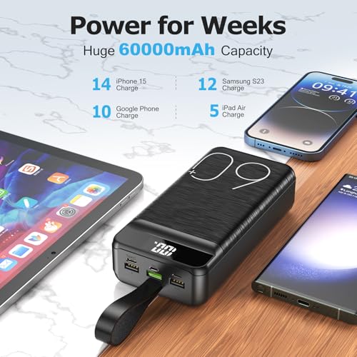 Power Bank 60000 mAh 22,5 W Quick Charge prijenosni punjač USB-C Quick Charge s 4 izlaza i 3 ulaza LED zaslon Vanjska baterija ogromnog kapaciteta za većinu elektroničkih uređaja na tržištu.