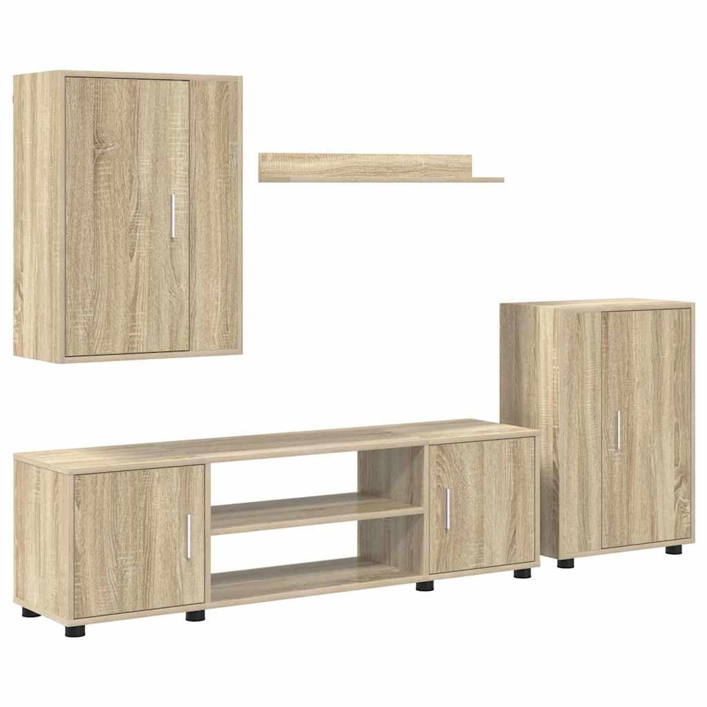 4-teiliges TV-Schrank Set Sonoma-Eiche Holzwerkstoff, Hängend, Modernes Media Center, Wohnzimmer Entertainment Konsole, Robuste Konstruktion