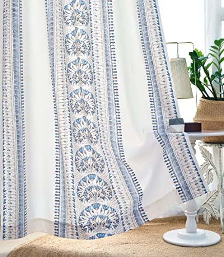 Image of Tranquebar Curtain Co. Cotton Curtains 7 Feet Long Set of 2, 60-65% Room Darkening, Blue Geometric Floral Print, Door Curtains 7 Feet Set of 2, BackTabs, Gami (213 cm) - Set of 2