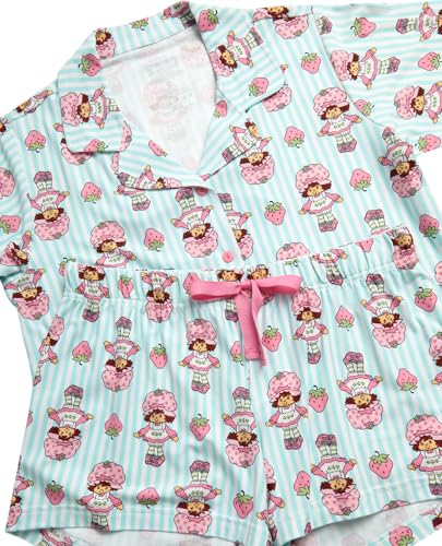 Image of COCO BRANDS Strawberry Shortcake Womens Pajama Set - 2 Piece Short Sleeve Button Down Sleep Shirt and Pajama Shorts