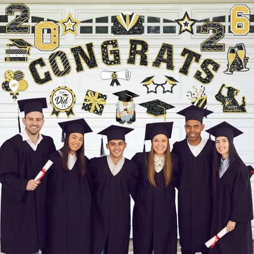 Image of Landhoow 30 Pcs Graduation Car Magnets 2026 Senior Graduation Car Decoration Bumper Sticker Congrats Grad Magnet Magnetic Refrigerator Decal for Grad Parade Party Supplies(Black, Gold)