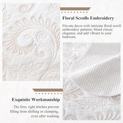 Oversized King Bedspread 120x120, Damask Scrolls Embroidery, Beige/White - image 4