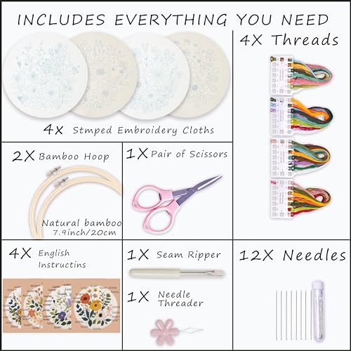 Image of Bonroy Embroidery Kit for Beginners with Instructions,Cross Stitch Kits for Adults with Pattern,Needlepoint Kits for Adult Include Embroidery Cloth Hoops Needles Threads (flowers2)