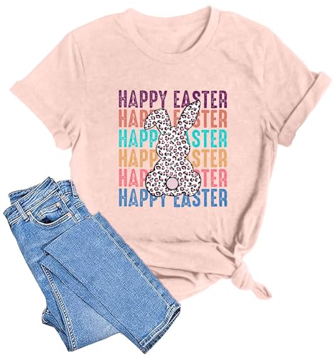 Image of Women Happy Easter T Shirt Bunny Rabbit Graphic T-Shirt Funny Letter Printed Shirts Short Sleeve Tops